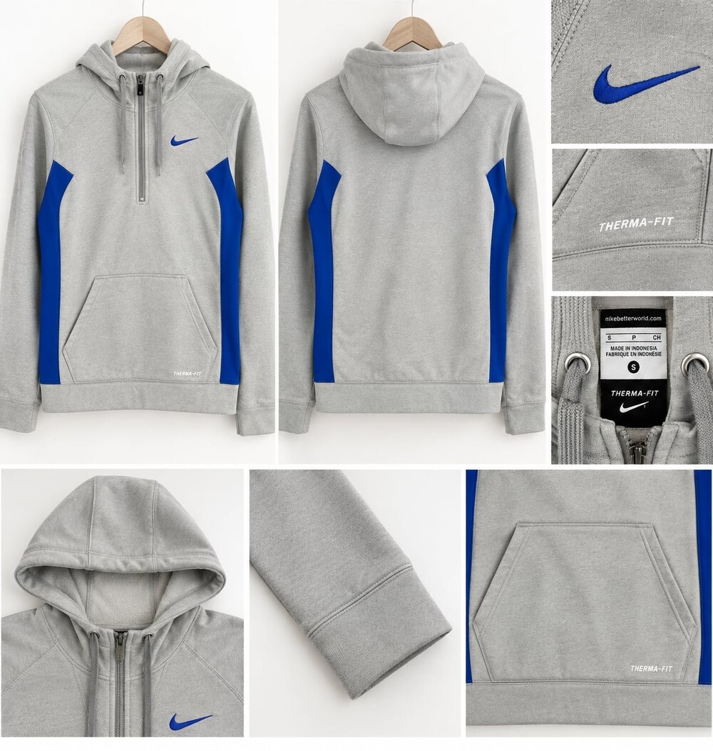 Women NIKE Therma-Fit 1/4 Zip Hoodie Light Grey With Blue